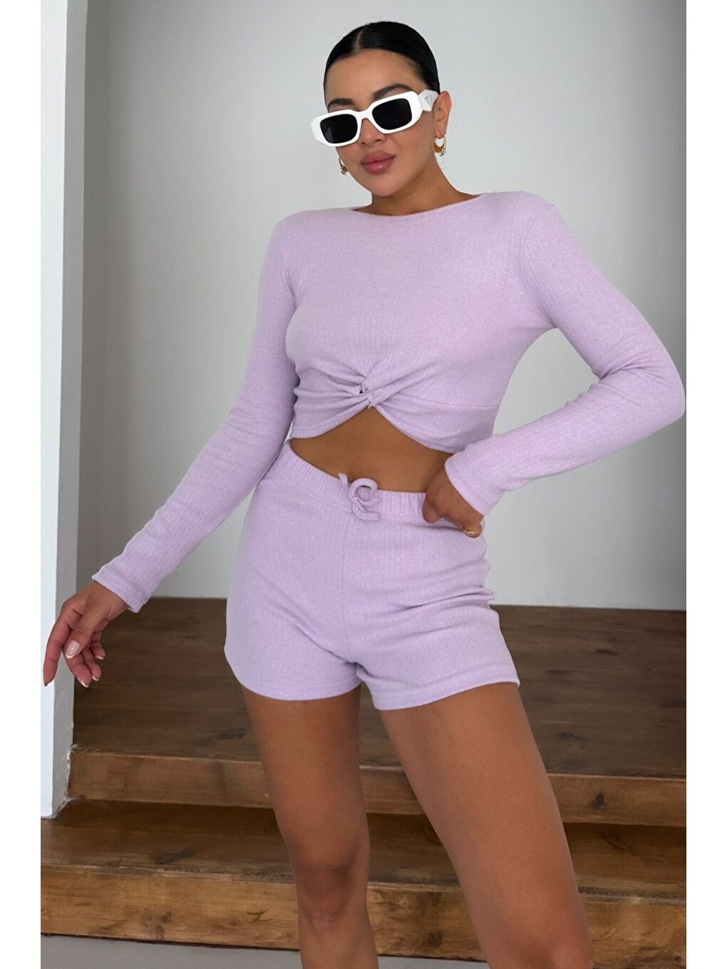 Mor Kadın Eflatun Önü Büzgülü Uzun Kollu Crop Şortlu Alt-Üst Takım-1