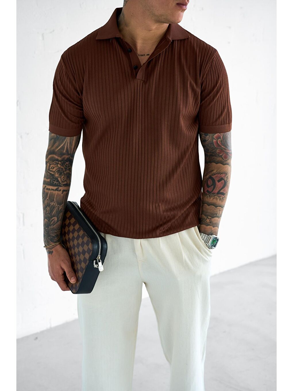 Erkek Polo Yaka Düğmeli Slim Fit Tişört Kahverengi