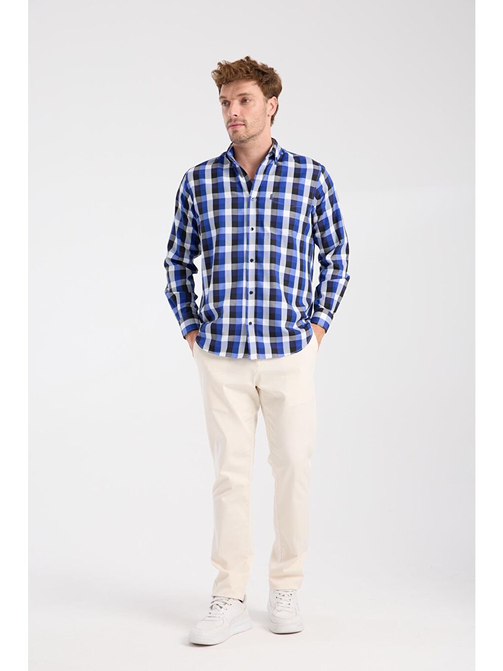 Aclub Ac10100 Twill Pamuk Karışımlı Regular Fit Lacivert Düğmeli Yaka Erkek Kareli Gömlek-1