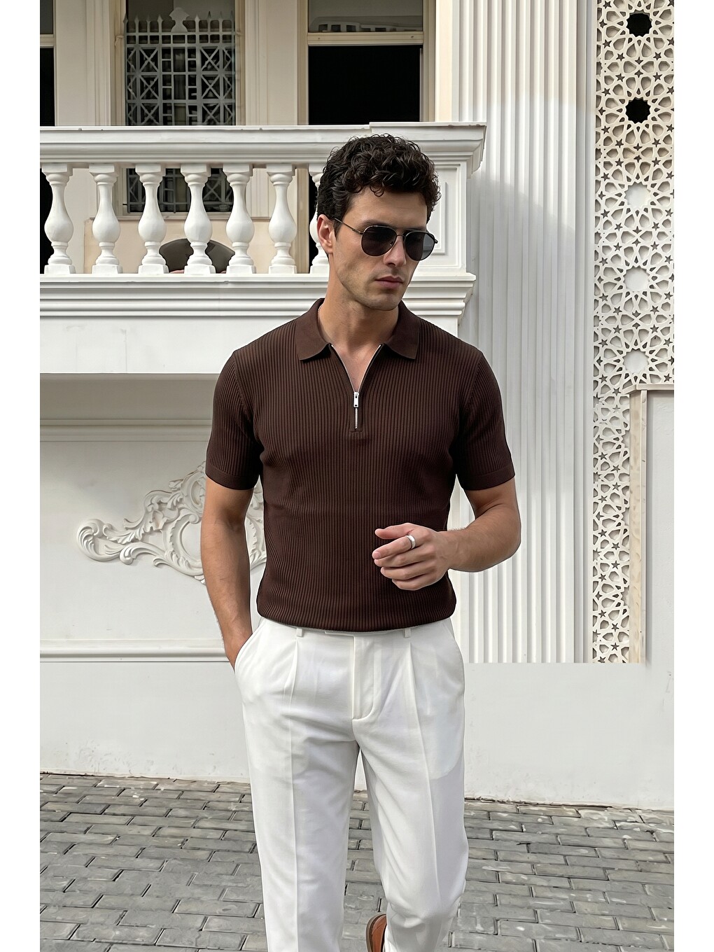 Kahverengi Orin Premium Fitilli Triko Polo Yaka Yarım Fermuarlı Erkek Tişört-1