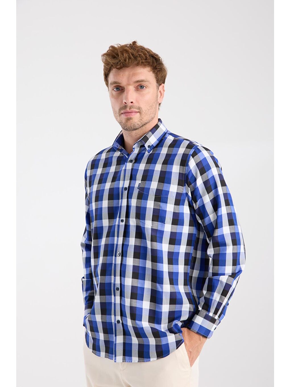 Aclub Ac10100 Twill Pamuk Karışımlı Regular Fit Lacivert Düğmeli Yaka Erkek Kareli Gömlek-2