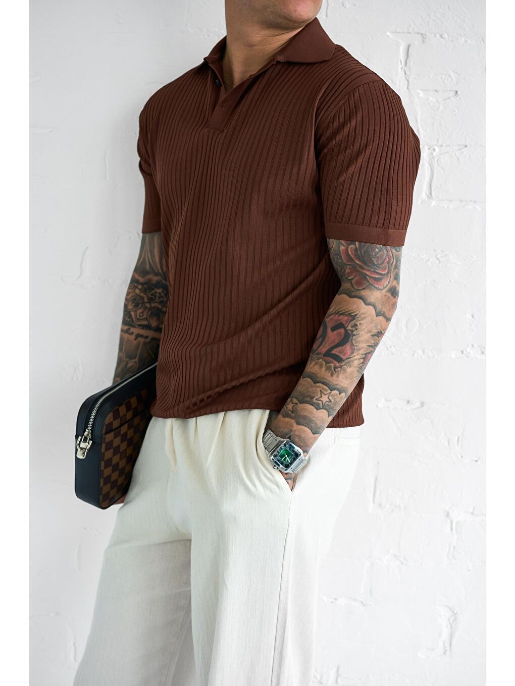 Erkek Polo Yaka Düğmeli Slim Fit Tişört Kahverengi-2