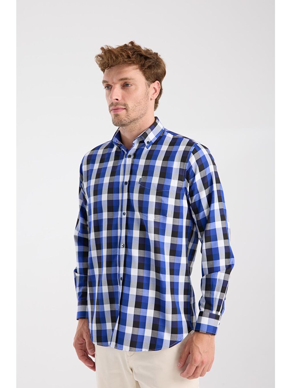 Aclub Ac10100 Twill Pamuk Karışımlı Regular Fit Lacivert Düğmeli Yaka Erkek Kareli Gömlek-3