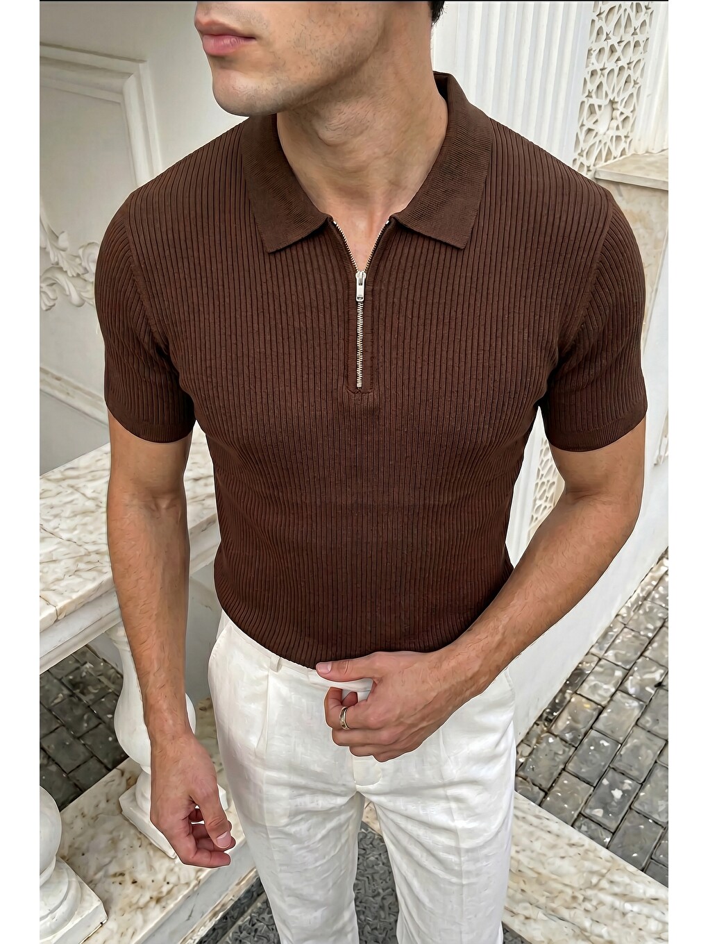 Kahverengi Orin Premium Fitilli Triko Polo Yaka Yarım Fermuarlı Erkek Tişört-2