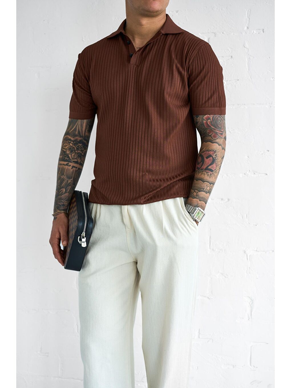 Erkek Polo Yaka Düğmeli Slim Fit Tişört Kahverengi-3