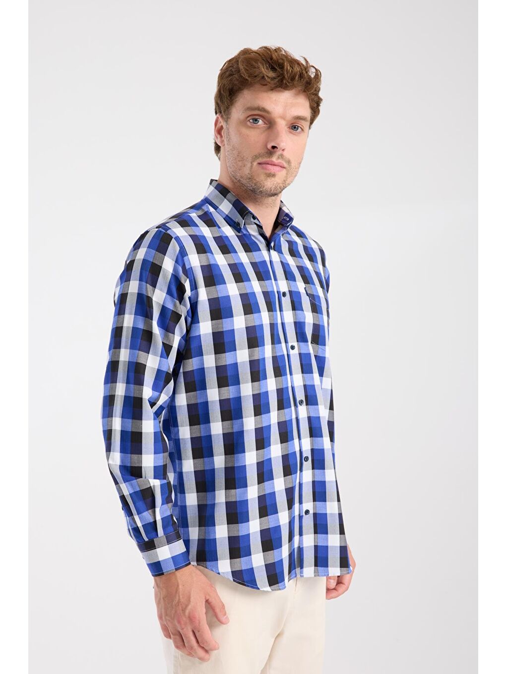 Aclub Ac10100 Twill Pamuk Karışımlı Regular Fit Lacivert Düğmeli Yaka Erkek Kareli Gömlek-4