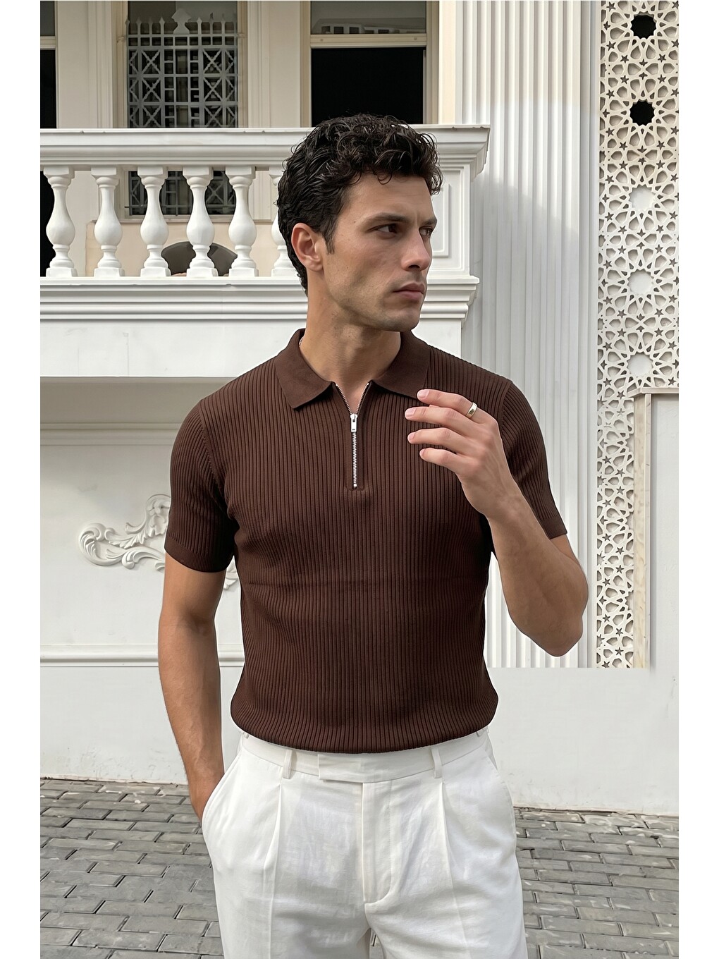 Kahverengi Orin Premium Fitilli Triko Polo Yaka Yarım Fermuarlı Erkek Tişört-3