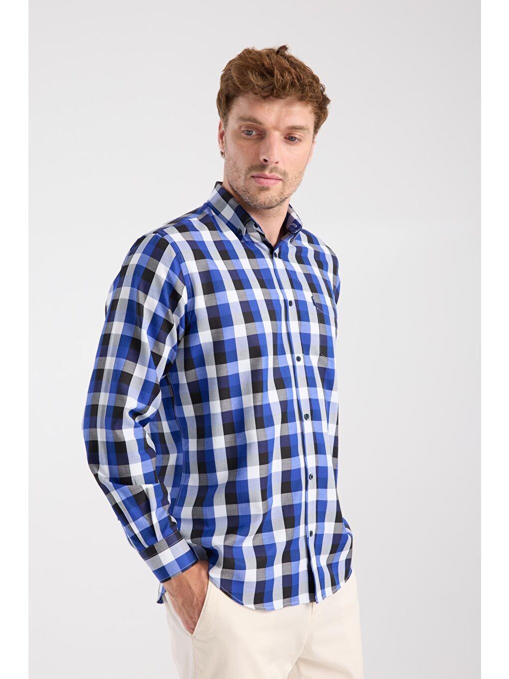 Aclub Ac10100 Twill Pamuk Karışımlı Regular Fit Lacivert Düğmeli Yaka Erkek Kareli Gömlek-5