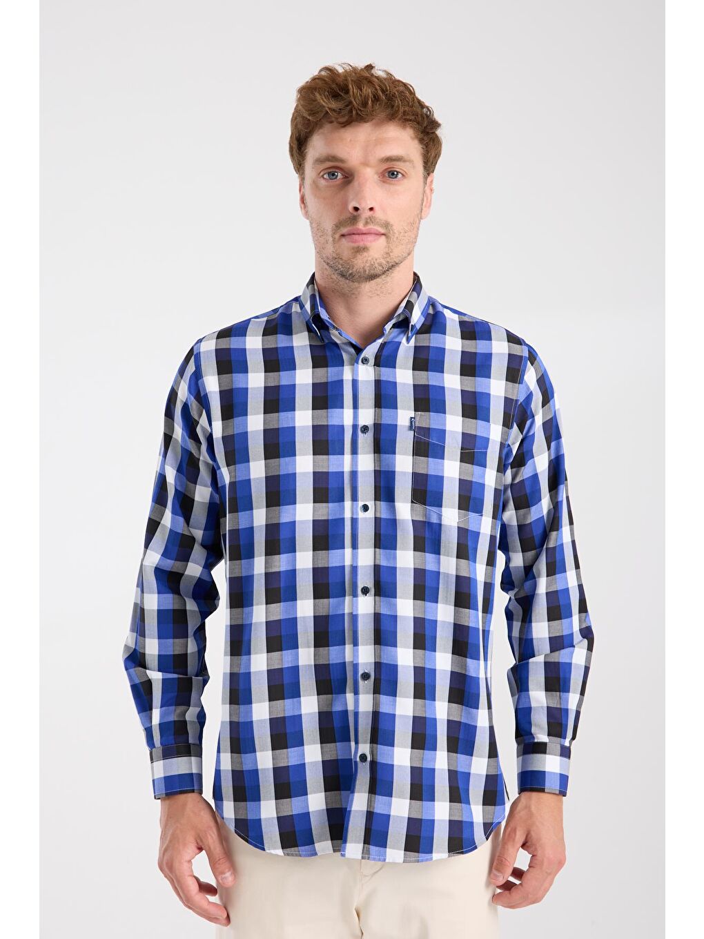 Aclub Ac10100 Twill Pamuk Karışımlı Regular Fit Lacivert Düğmeli Yaka Erkek Kareli Gömlek-6