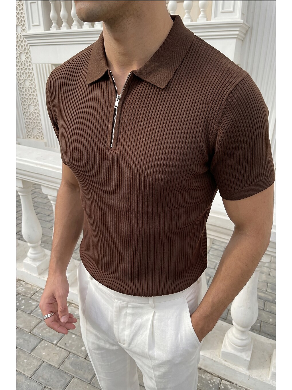 Kahverengi Orin Premium Fitilli Triko Polo Yaka Yarım Fermuarlı Erkek Tişört-4