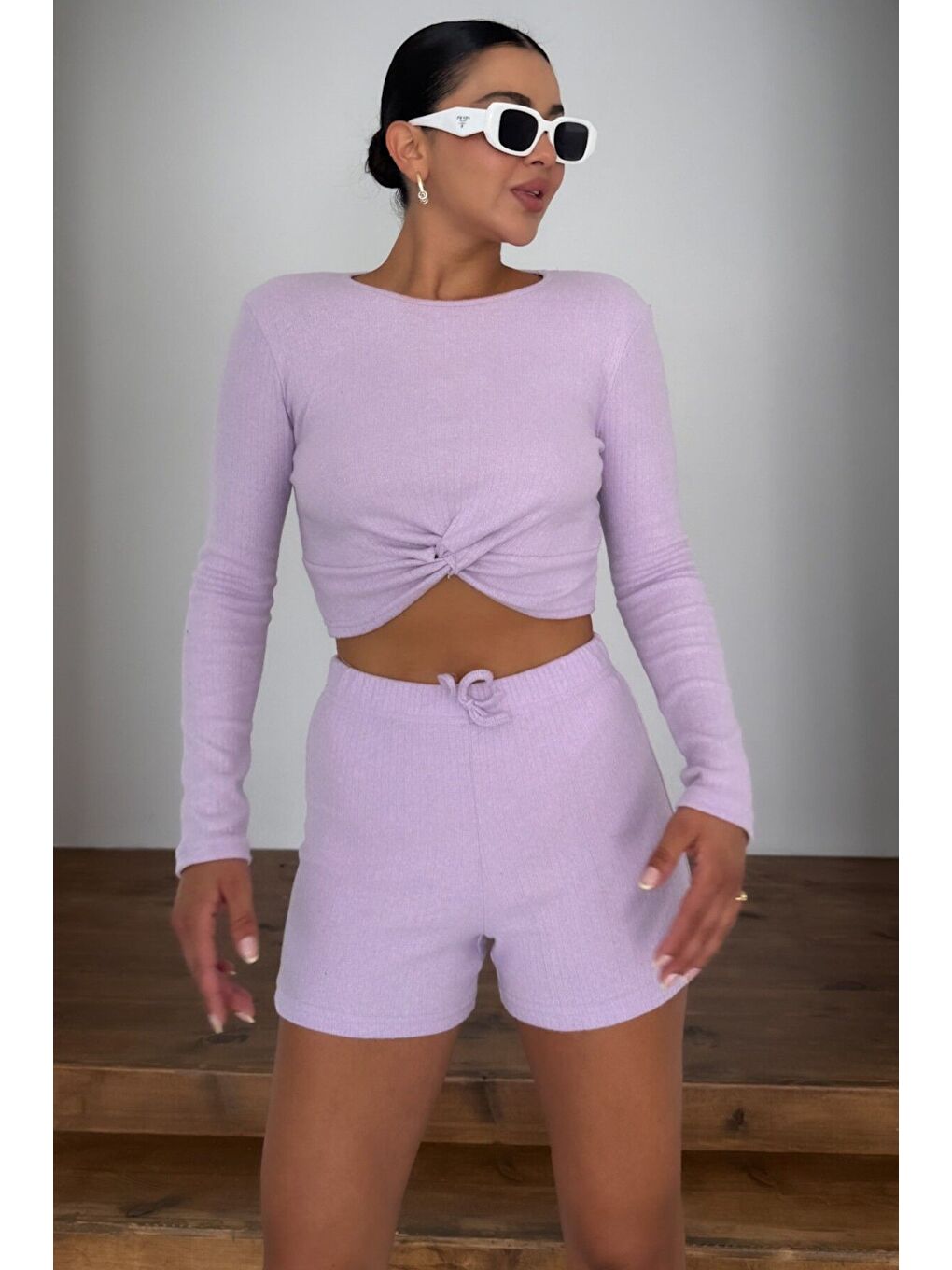 Mor Kadın Eflatun Önü Büzgülü Uzun Kollu Crop Şortlu Alt-Üst Takım-3