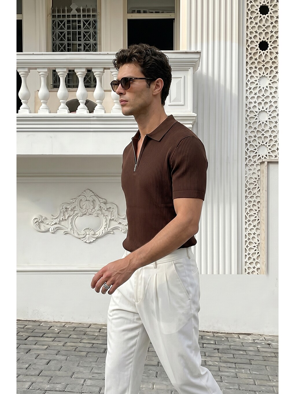 Kahverengi Orin Premium Fitilli Triko Polo Yaka Yarım Fermuarlı Erkek Tişört-5