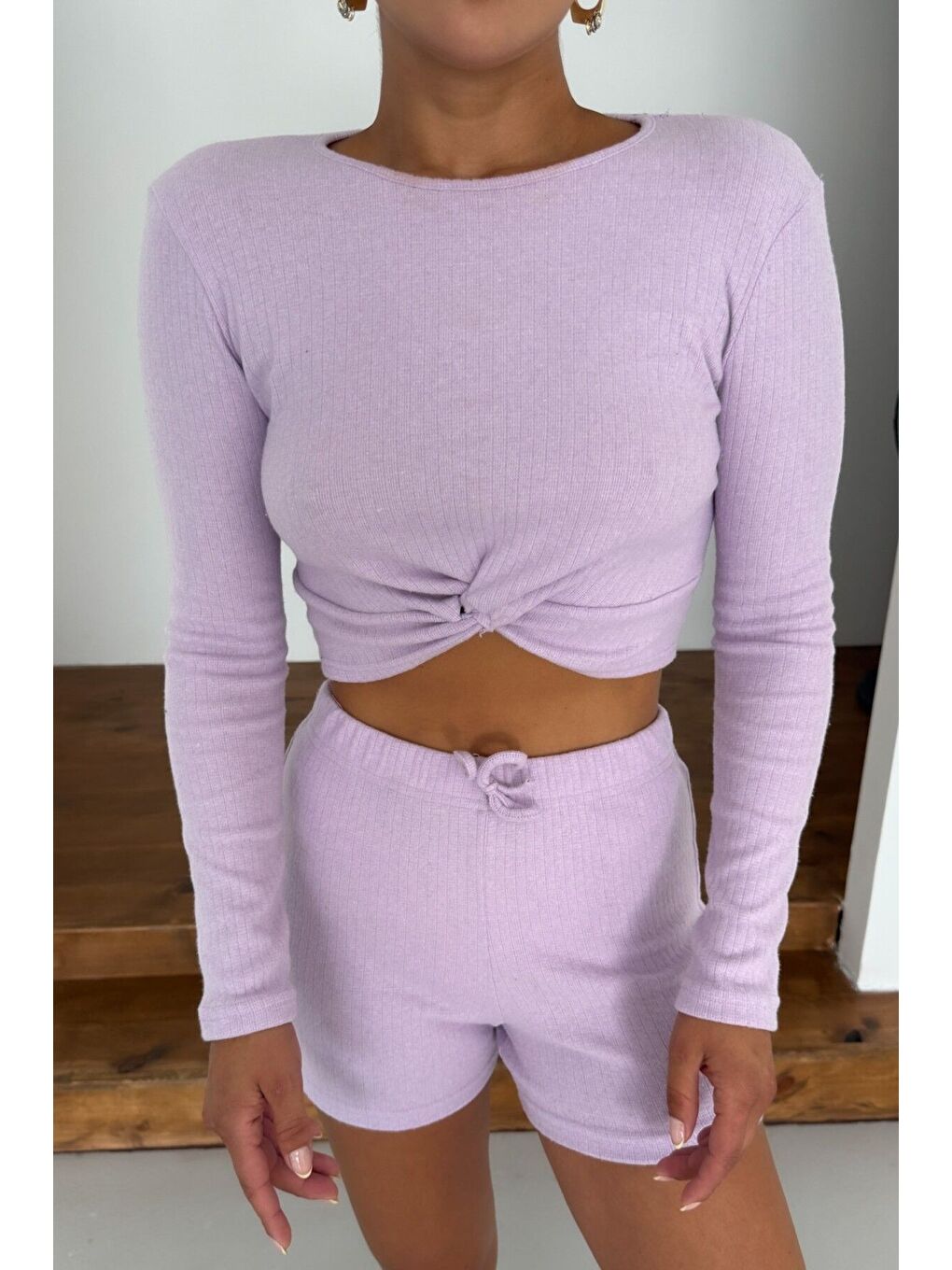 Mor Kadın Eflatun Önü Büzgülü Uzun Kollu Crop Şortlu Alt-Üst Takım-4