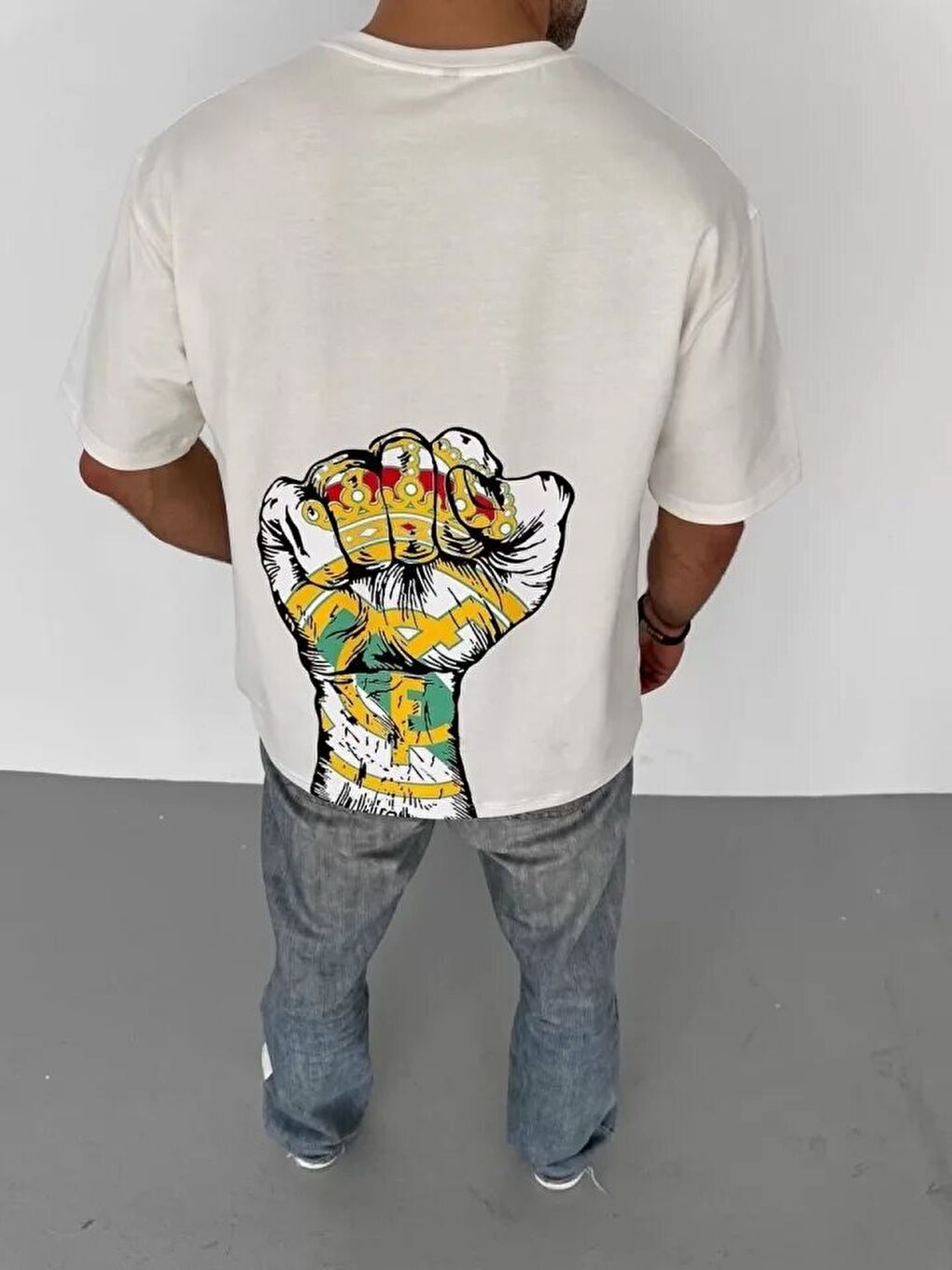 Unisex Bisiklet Yaka Baskılı Oversize T-Shirt - Beyaz-1