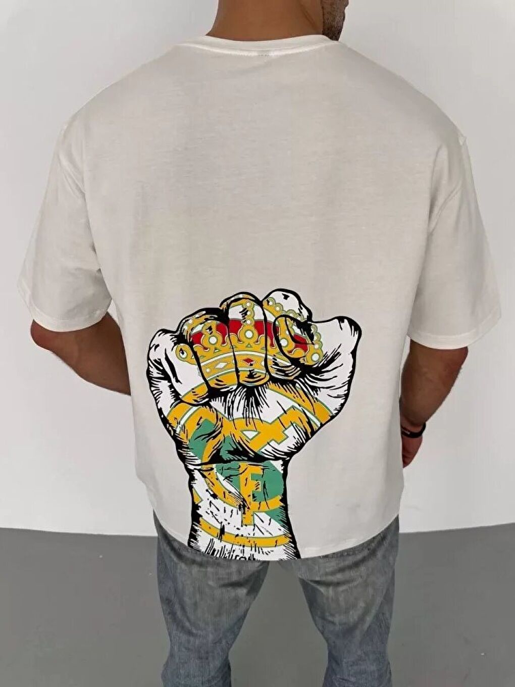 Unisex Bisiklet Yaka Baskılı Oversize T-Shirt - Beyaz-2