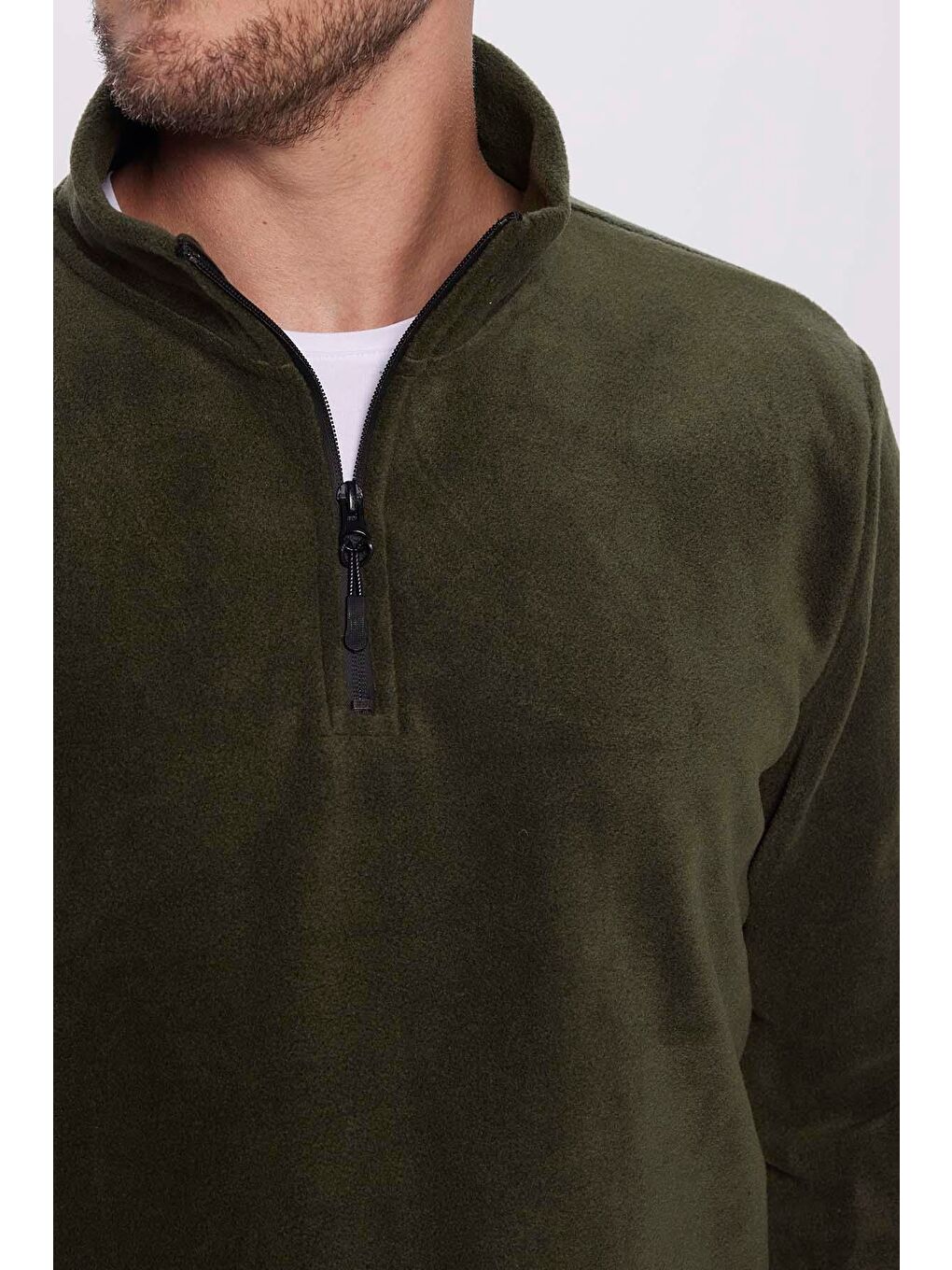 TUDORS Haki Erkek Standart Fit Rahat Kesim Tüylenme Yapmayan Soğuk Geçirmez Haki Dik Yaka Polar Sweatshirt - 3