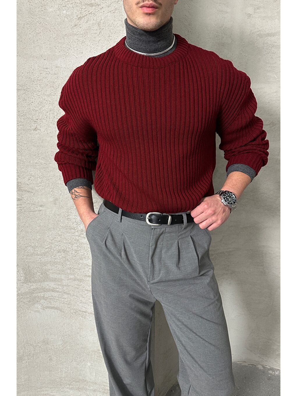 Bordo Erkek Fitilli Örme Oversize Kazak-1