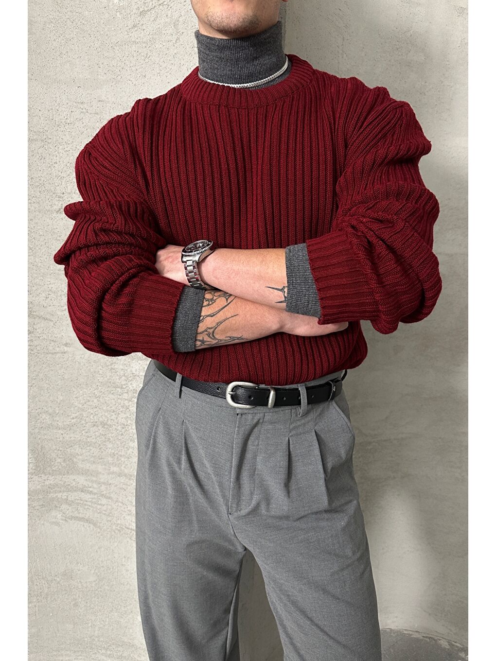 Bordo Erkek Fitilli Örme Oversize Kazak-2