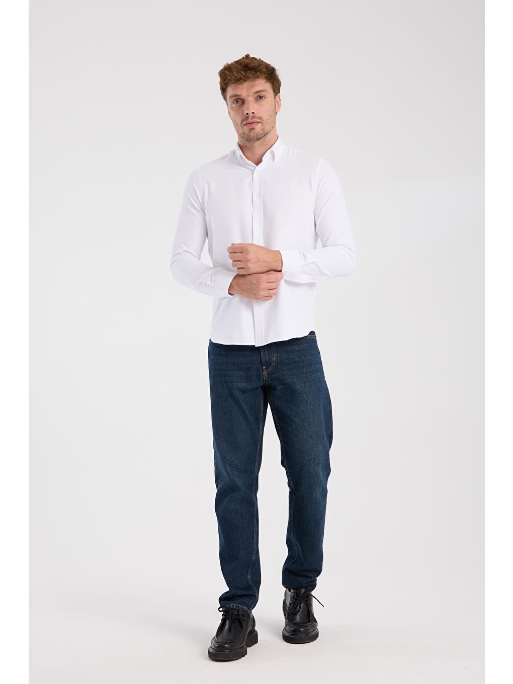 Aclub Ac10093 Oxford Pamuklu Slim Fit Beyaz Düğmeli Yaka Erkek Düz Gömlek-1