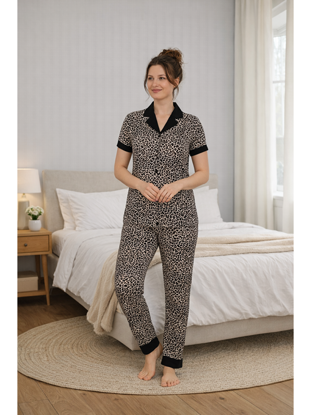 Kahverengi PREMIUM Kadın Leopar Viskon Gömlek Yaka Boydan Düğmeli Kısa Kollu Yüksek Kalite Pijama Takımı