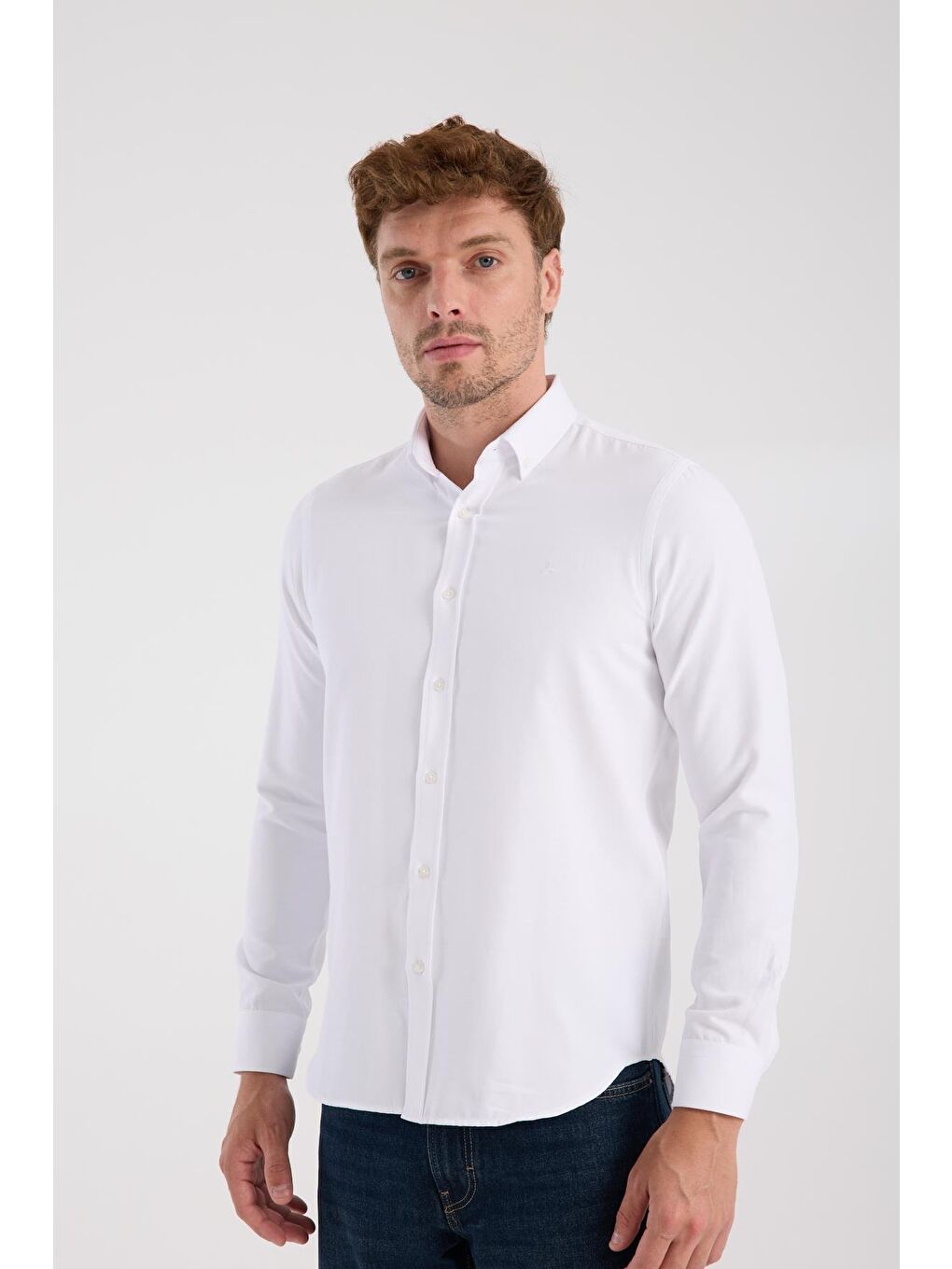 Aclub Ac10093 Oxford Pamuklu Slim Fit Beyaz Düğmeli Yaka Erkek Düz Gömlek-2