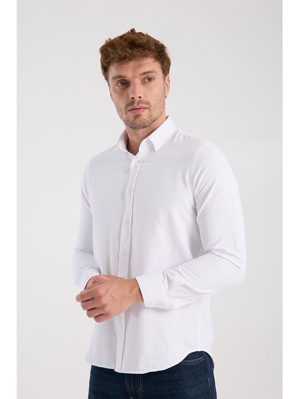 Aclub Ac10093 Oxford Pamuklu Slim Fit Beyaz Düğmeli Yaka Erkek Düz Gömlek-3