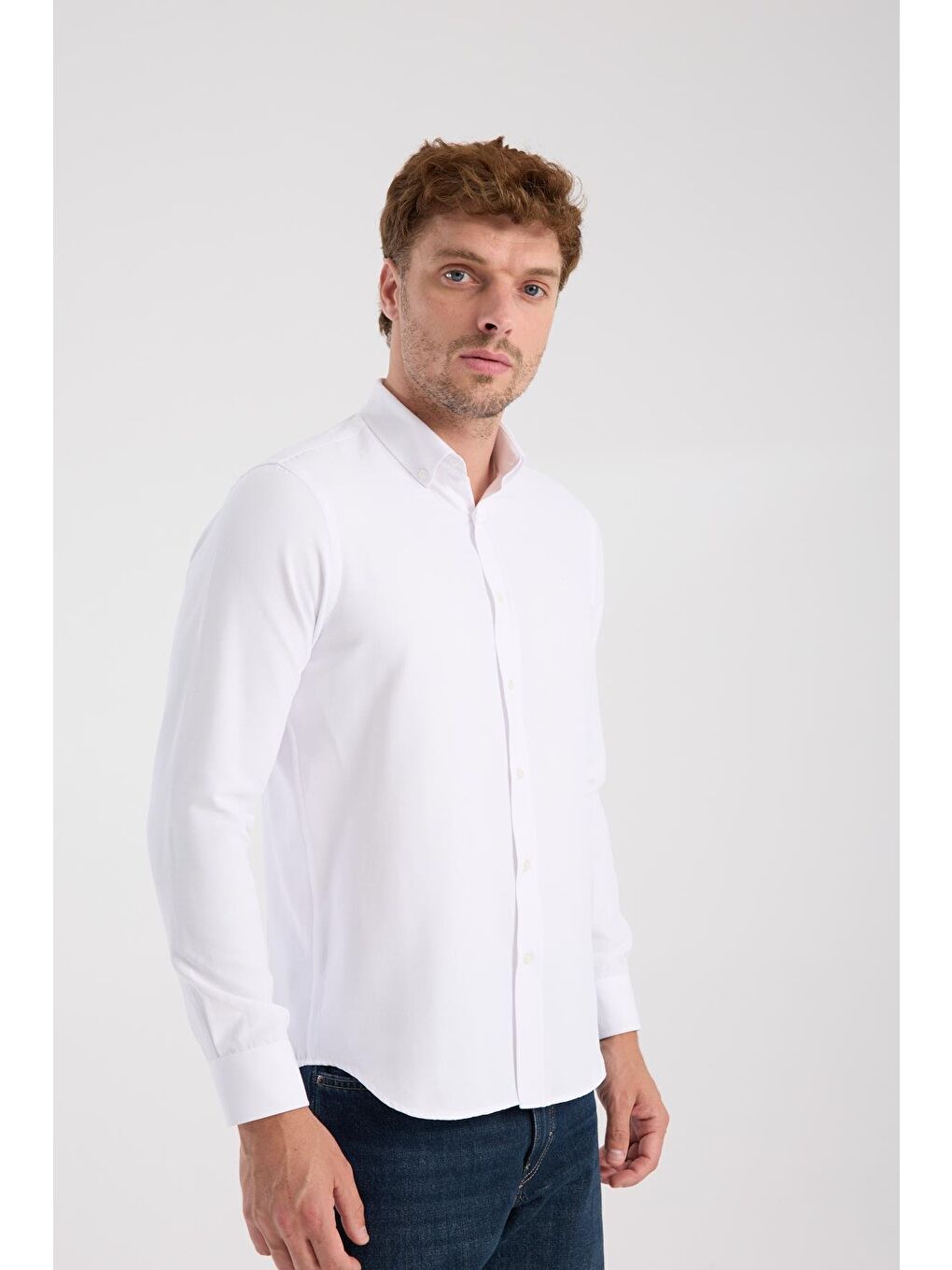 Aclub Ac10093 Oxford Pamuklu Slim Fit Beyaz Düğmeli Yaka Erkek Düz Gömlek-4
