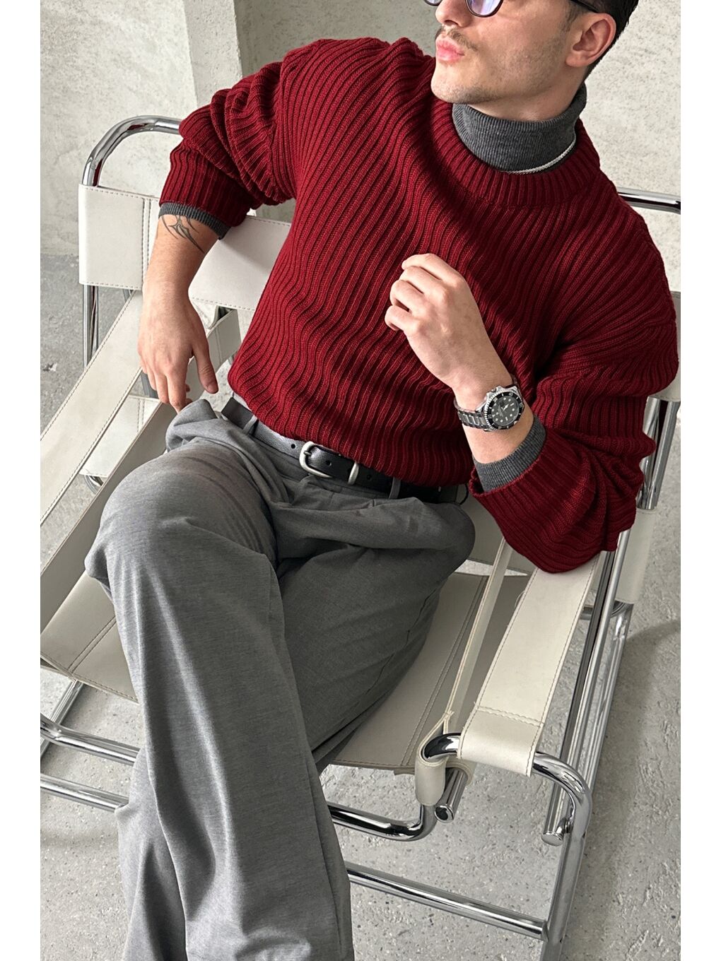 Bordo Erkek Fitilli Örme Oversize Kazak-4