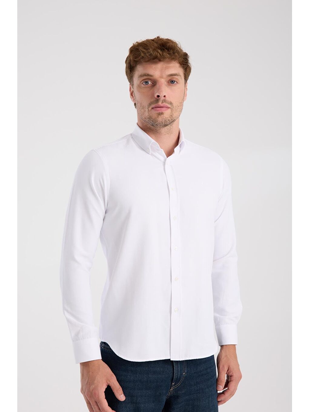 Aclub Ac10093 Oxford Pamuklu Slim Fit Beyaz Düğmeli Yaka Erkek Düz Gömlek-5
