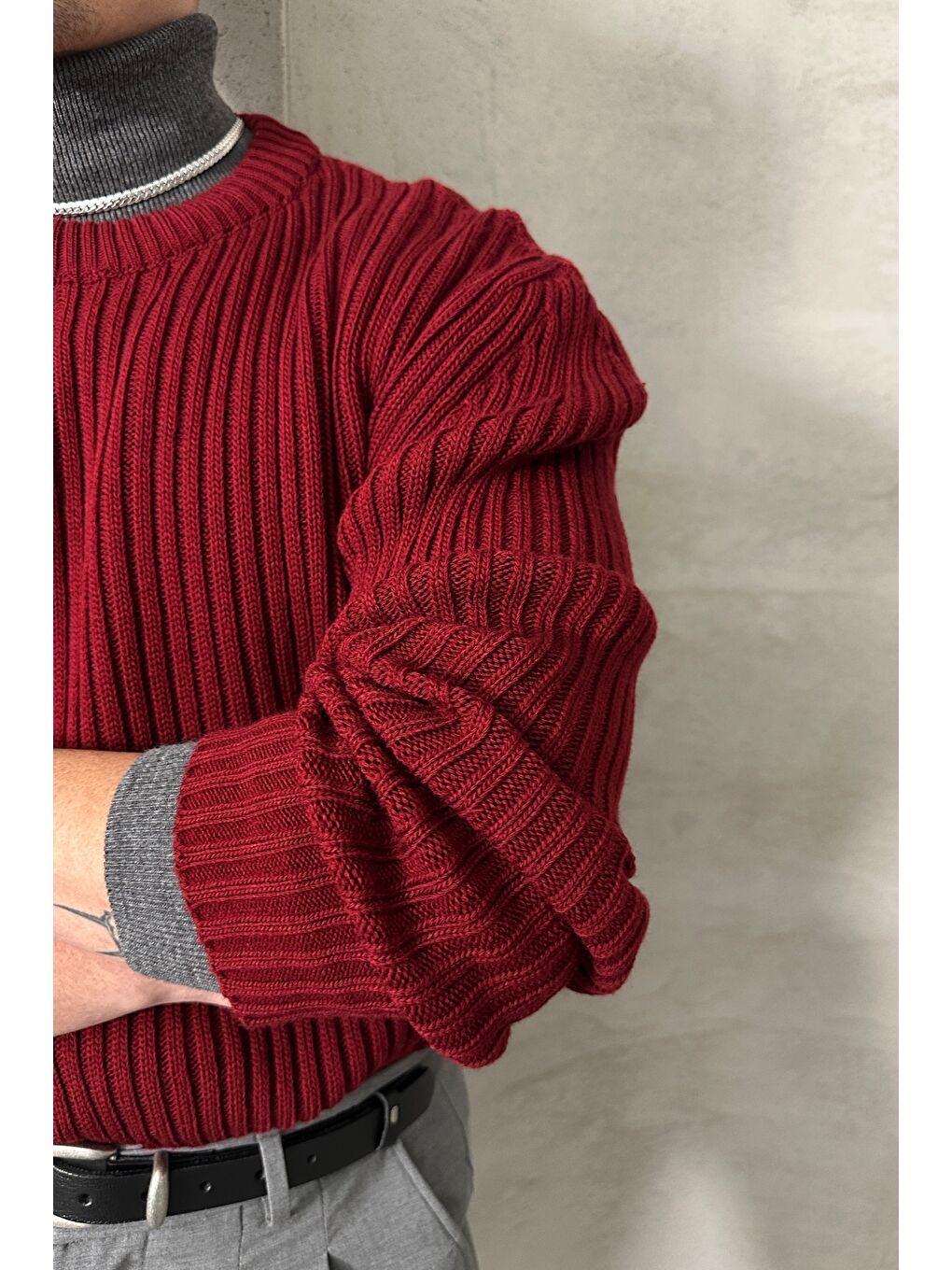 Bordo Erkek Fitilli Örme Oversize Kazak-5