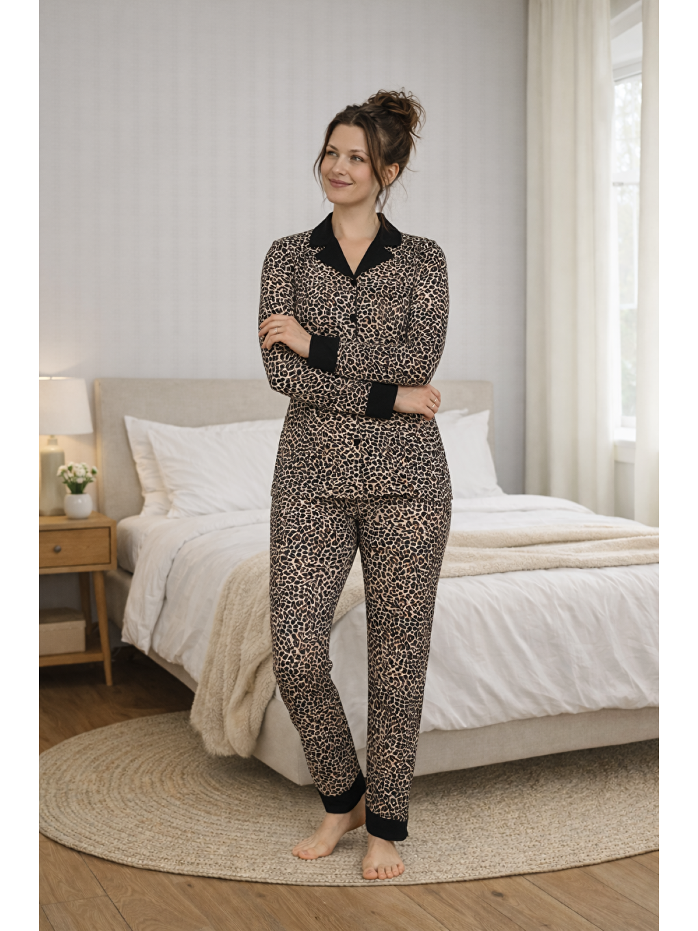 Kahverengi PREMIUM Kadın Leopar Viskon Gömlek Yaka Boydan Düğmeli Uzun Kollu Yüksek Kalite Pijama Takımı