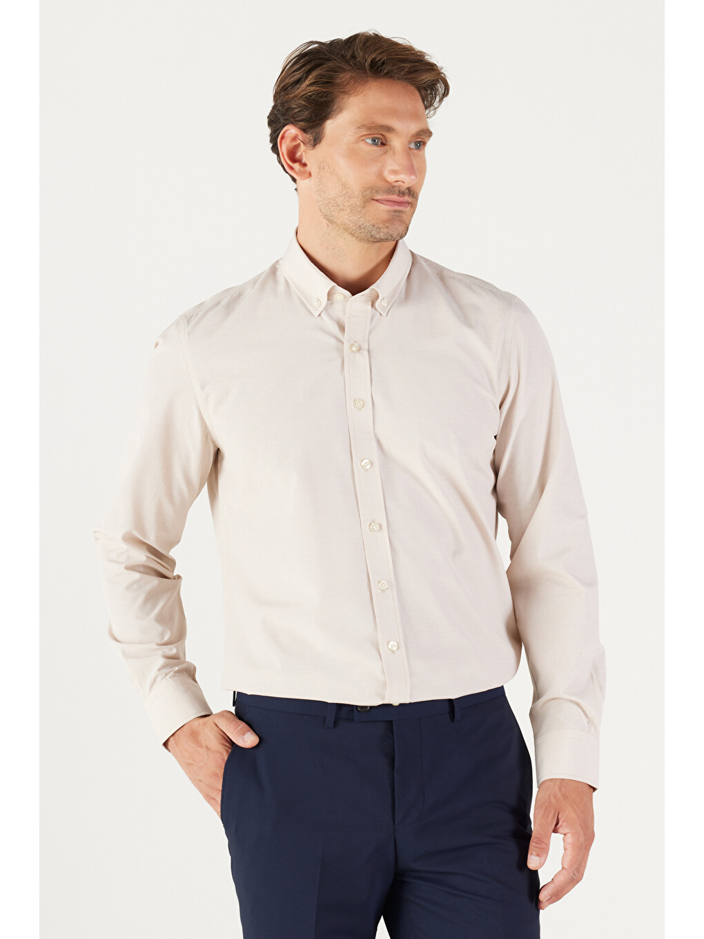 Erkek Bej Slim Fit Dar Kesim Oxford Düğmeli Yaka Pötikareli Pamuklu Gömlek-3