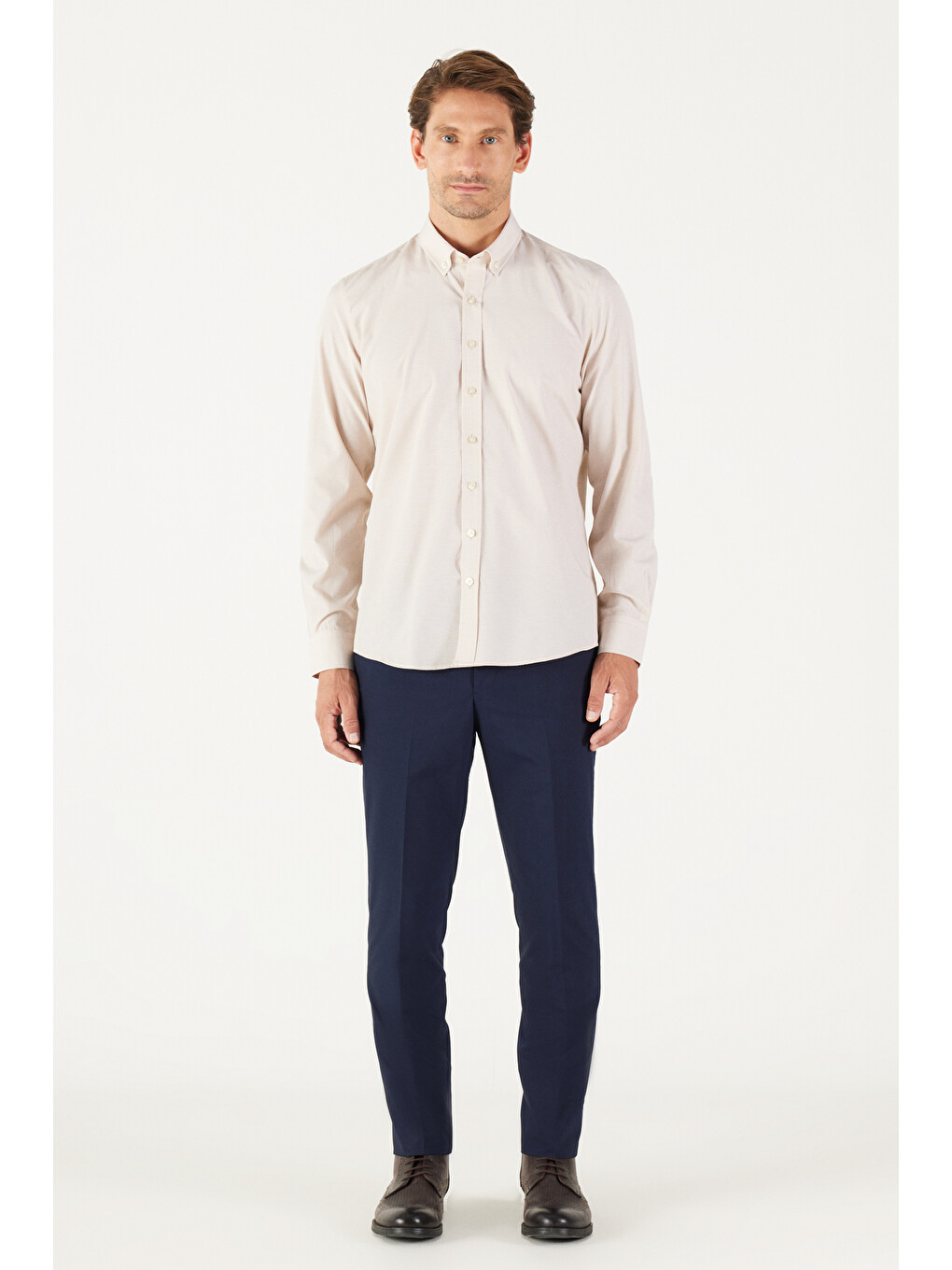 Erkek Bej Slim Fit Dar Kesim Oxford Düğmeli Yaka Pötikareli Pamuklu Gömlek-4