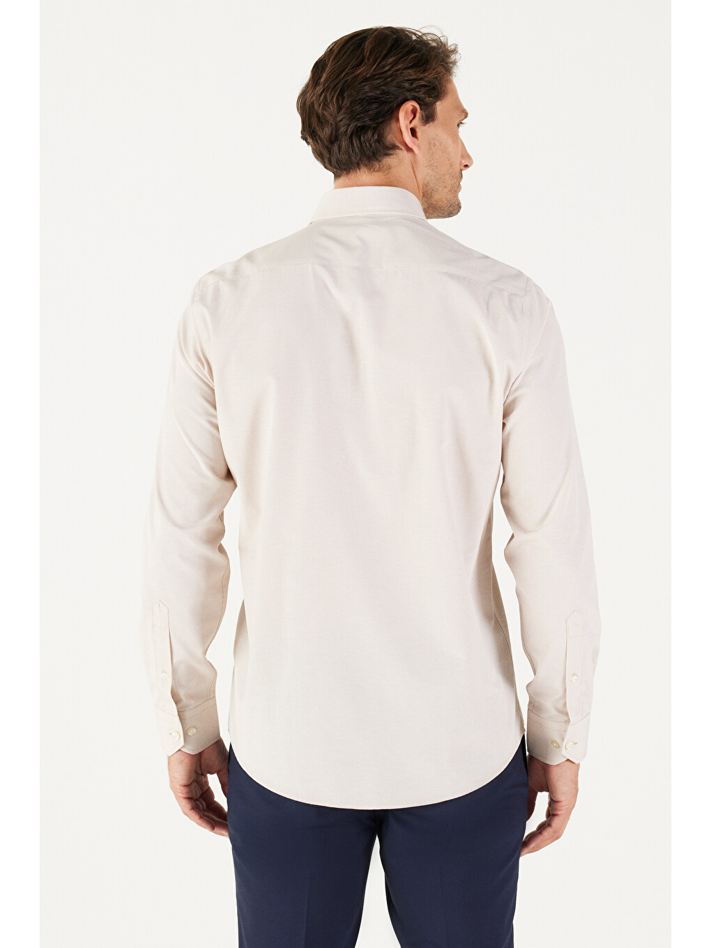 Erkek Bej Slim Fit Dar Kesim Oxford Düğmeli Yaka Pötikareli Pamuklu Gömlek-5