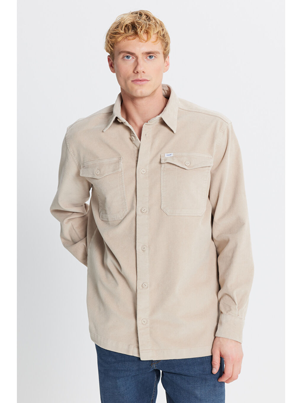 Bej Pamuklu Relaxed Fit Rahat Kesim Klasik Yaka Cepli Kadife Gömlek