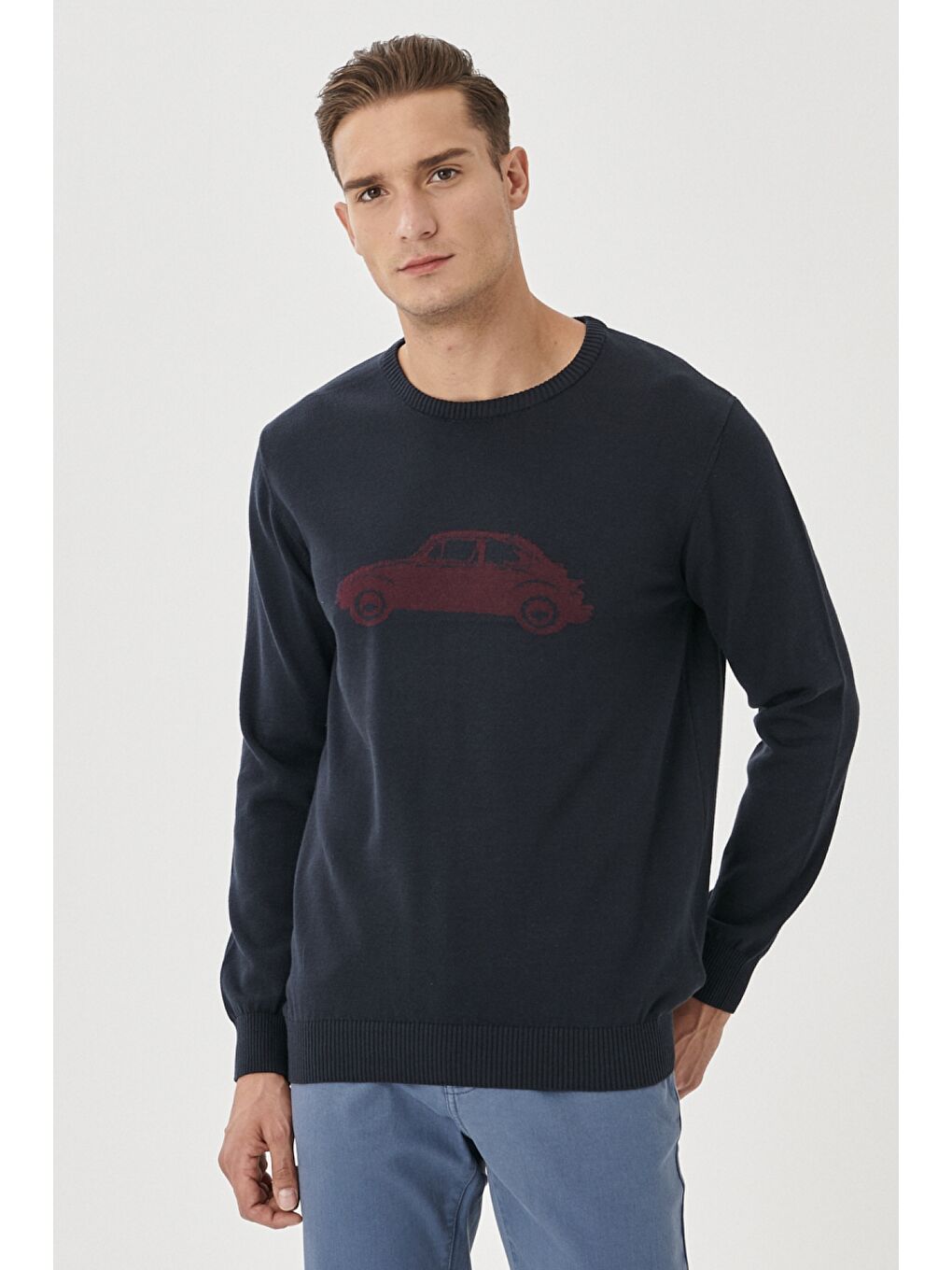 Erkek Lacivert-Bordo Standart Fit Bisiklet Yaka Desenli %100 Pamuk Triko Kazak