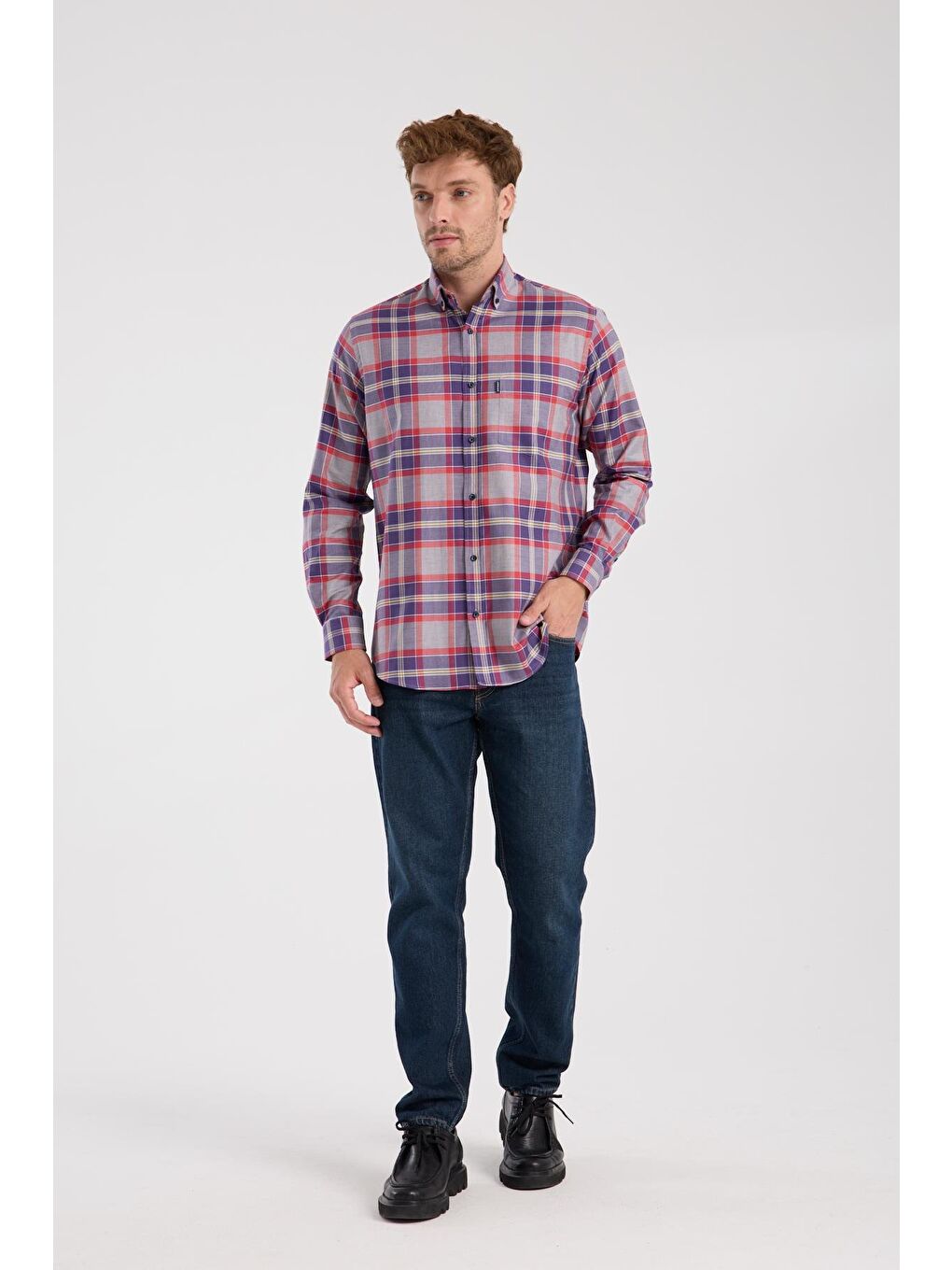 Aclub Ac10098 Twill Pamuklu Regular Fit Gri Düğmeli Yaka Erkek Kareli Gömlek-1