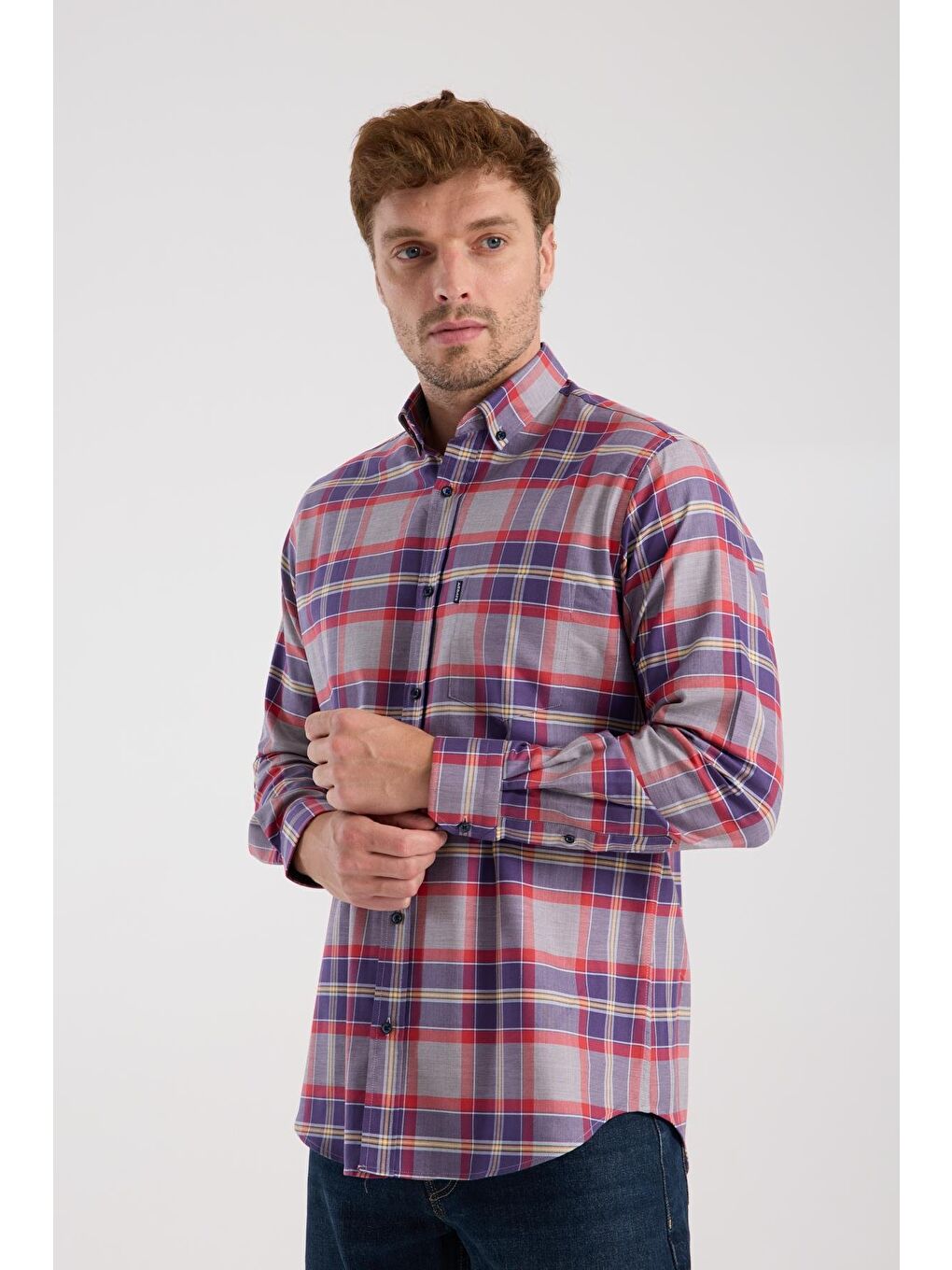 Aclub Ac10098 Twill Pamuklu Regular Fit Gri Düğmeli Yaka Erkek Kareli Gömlek-2