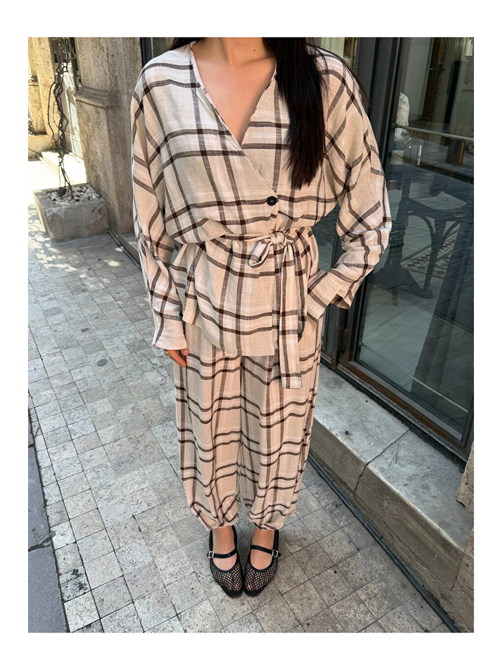 Kahverengi Ekose Kimono Şalvar Takım - 0993-1