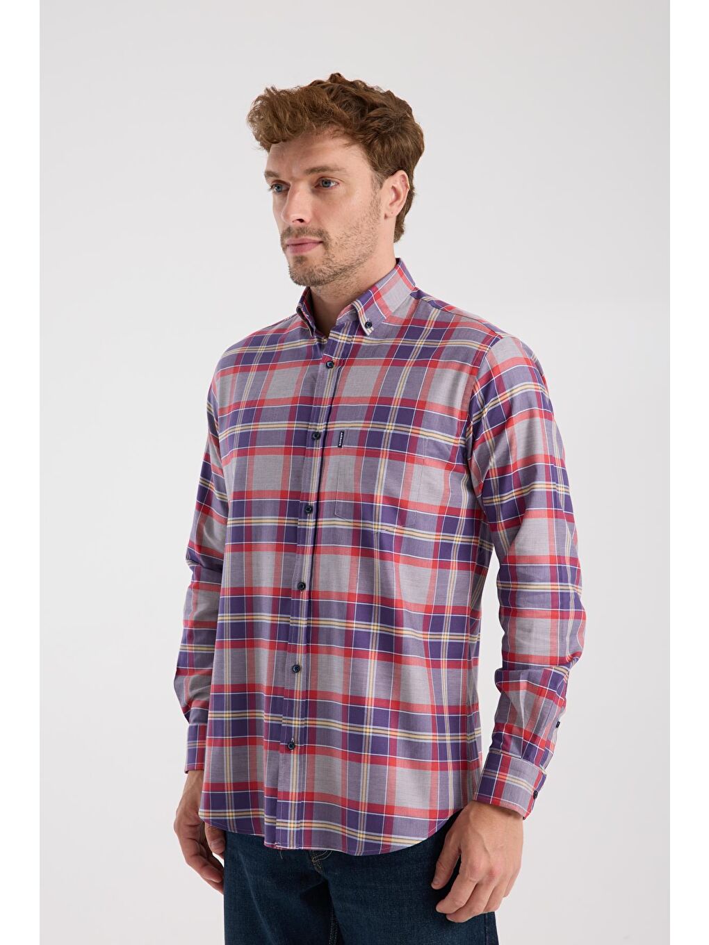 Aclub Ac10098 Twill Pamuklu Regular Fit Gri Düğmeli Yaka Erkek Kareli Gömlek-3