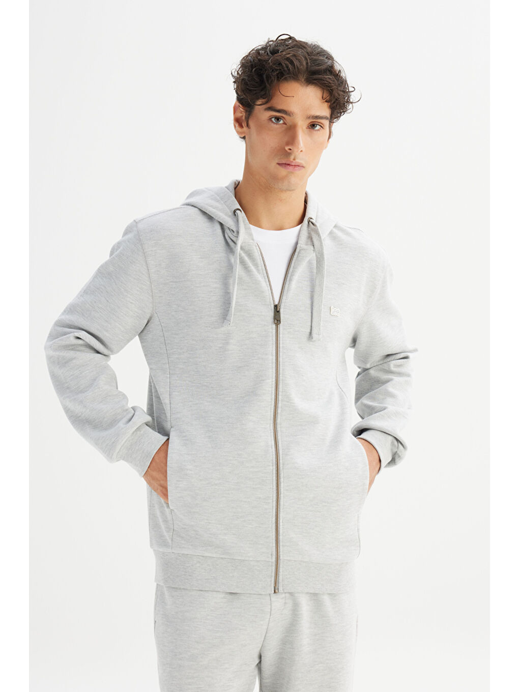 Regular Fit Normal Kesşim Kapüşonlu Fermuarlı Gri Melanj Sweatshirt Ceket-2