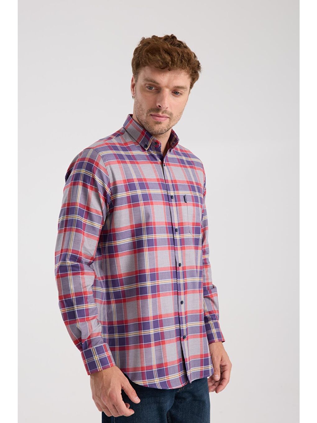 Aclub Ac10098 Twill Pamuklu Regular Fit Gri Düğmeli Yaka Erkek Kareli Gömlek-4