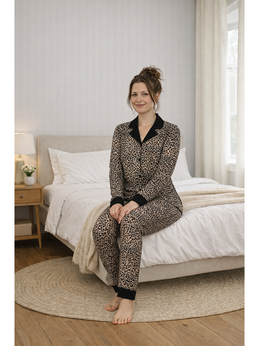 Kahverengi PREMIUM Kadın Leopar Viskon Gömlek Yaka Boydan Düğmeli Uzun Kollu Yüksek Kalite Pijama Takımı-4