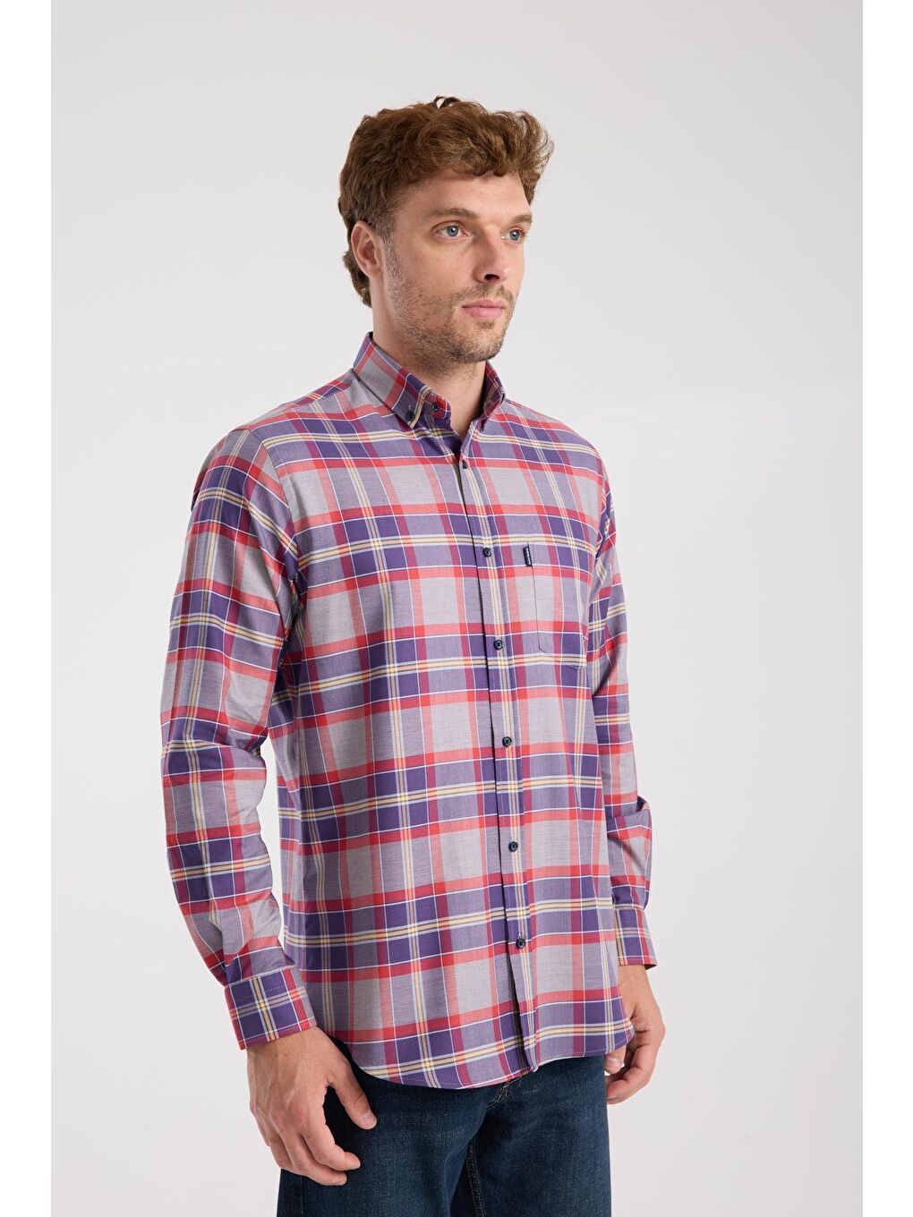 Aclub Ac10098 Twill Pamuklu Regular Fit Gri Düğmeli Yaka Erkek Kareli Gömlek-5