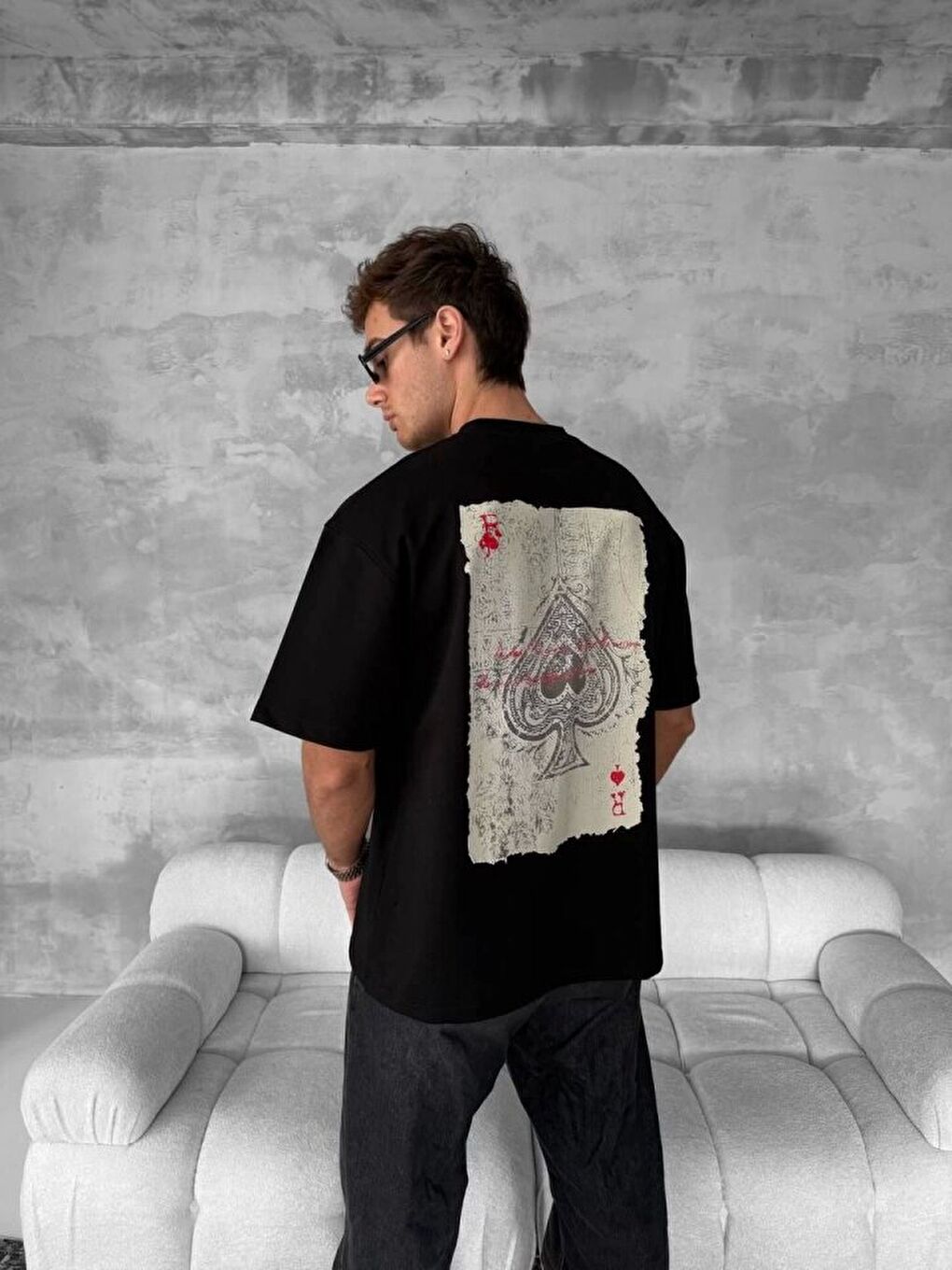 Ön Ve Arka Baskılı Oversize Bisiklet Yaka T-shirt - Siyah-1