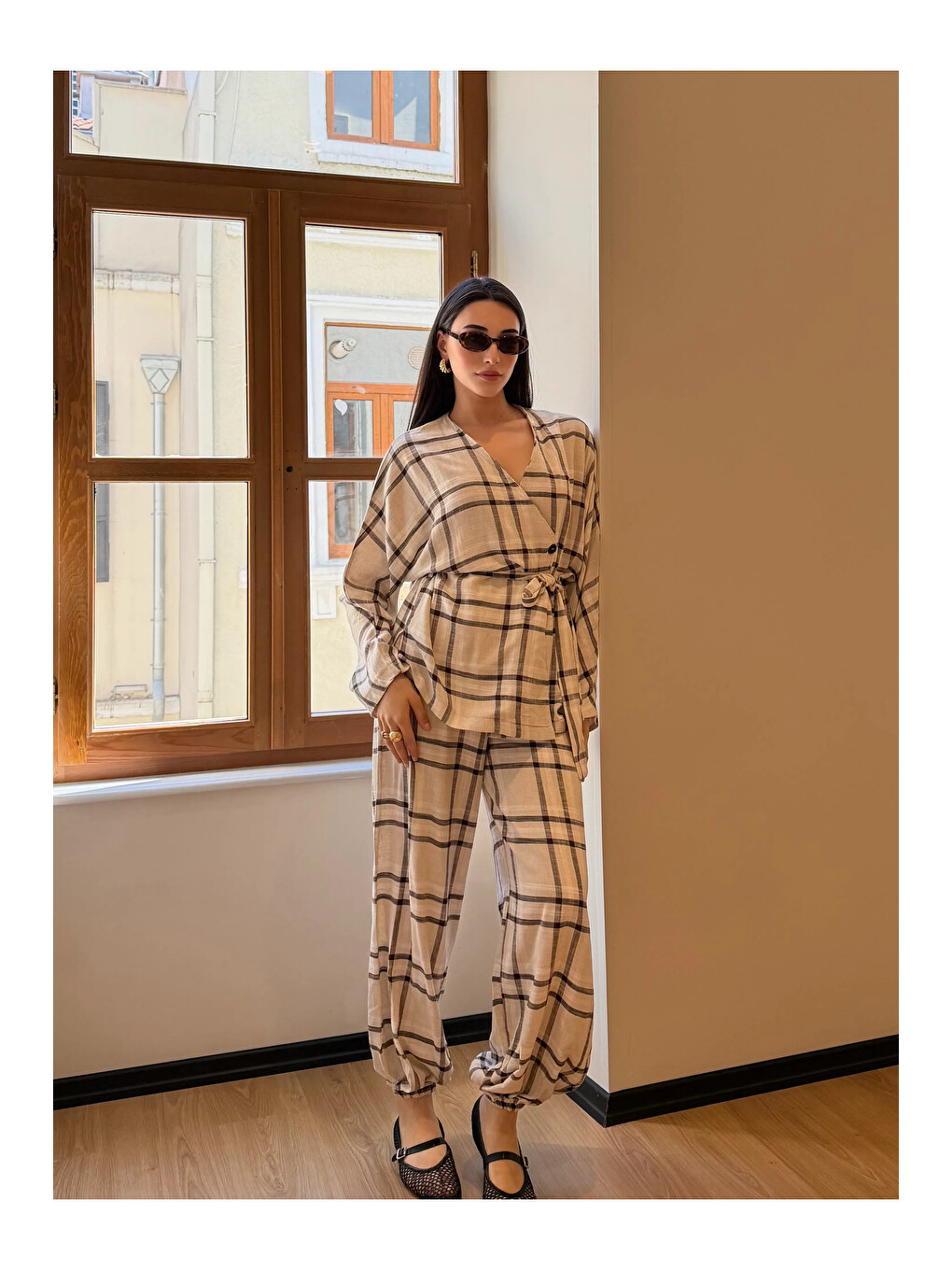 Kahverengi Ekose Kimono Şalvar Takım - 0993-2