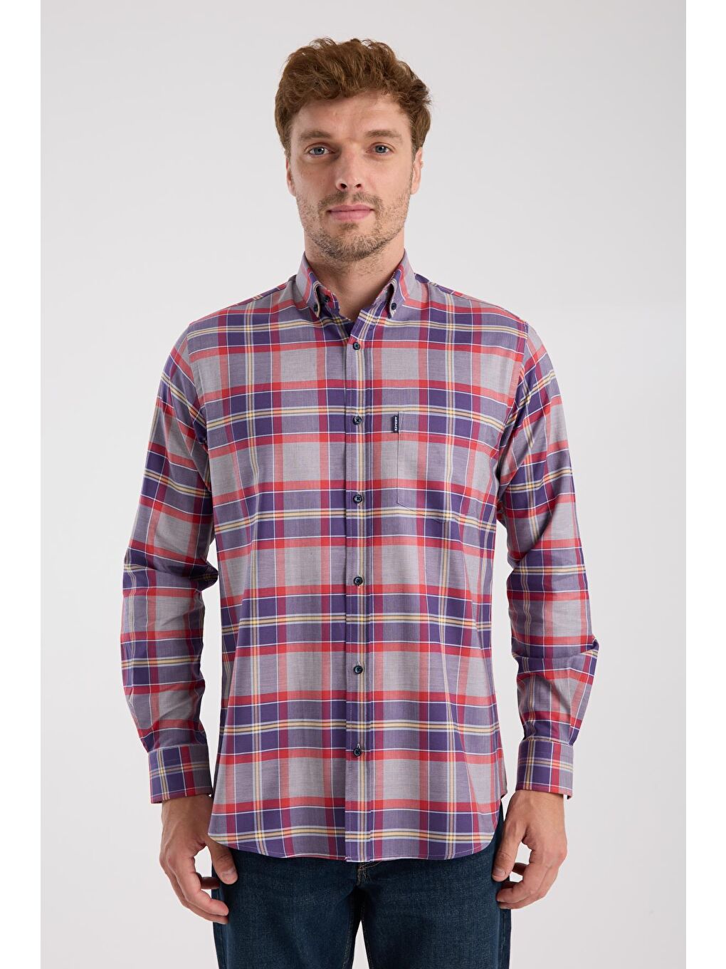 Aclub Ac10098 Twill Pamuklu Regular Fit Gri Düğmeli Yaka Erkek Kareli Gömlek-6