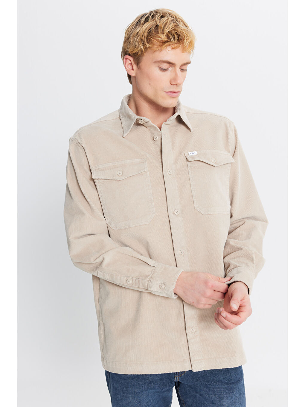 Bej Pamuklu Relaxed Fit Rahat Kesim Klasik Yaka Cepli Kadife Gömlek-2