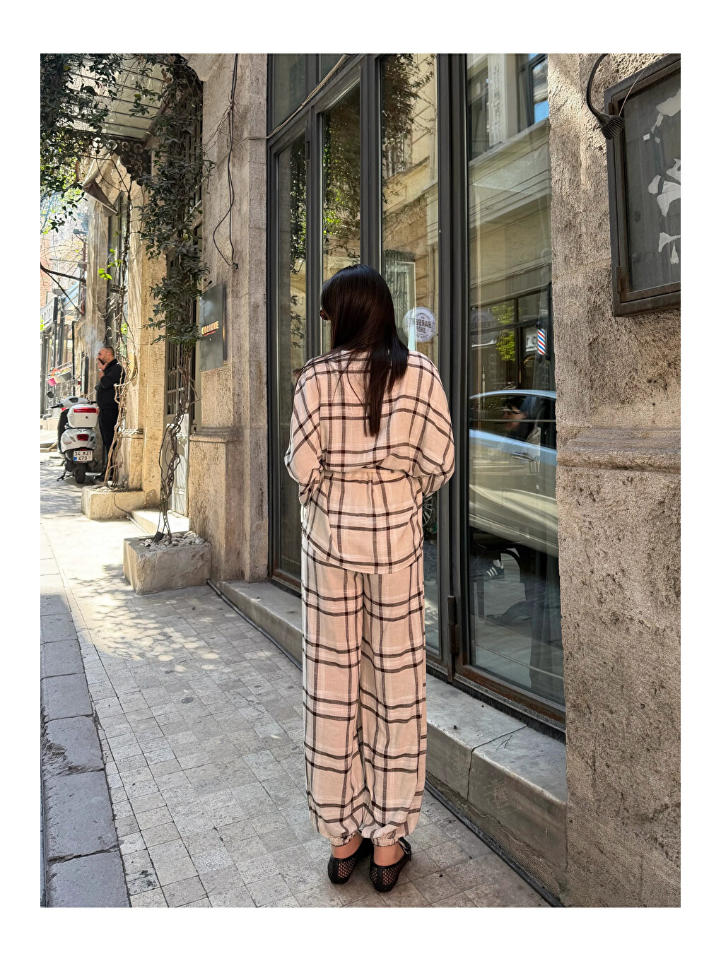 Kahverengi Ekose Kimono Şalvar Takım - 0993-3