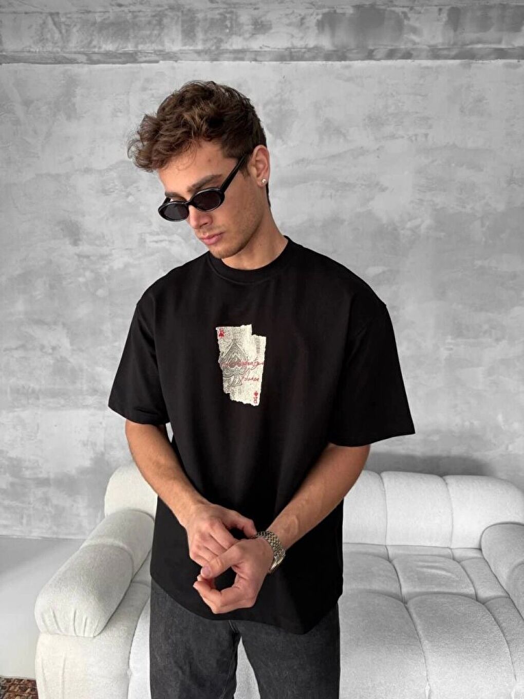 Ön Ve Arka Baskılı Oversize Bisiklet Yaka T-shirt - Siyah-2